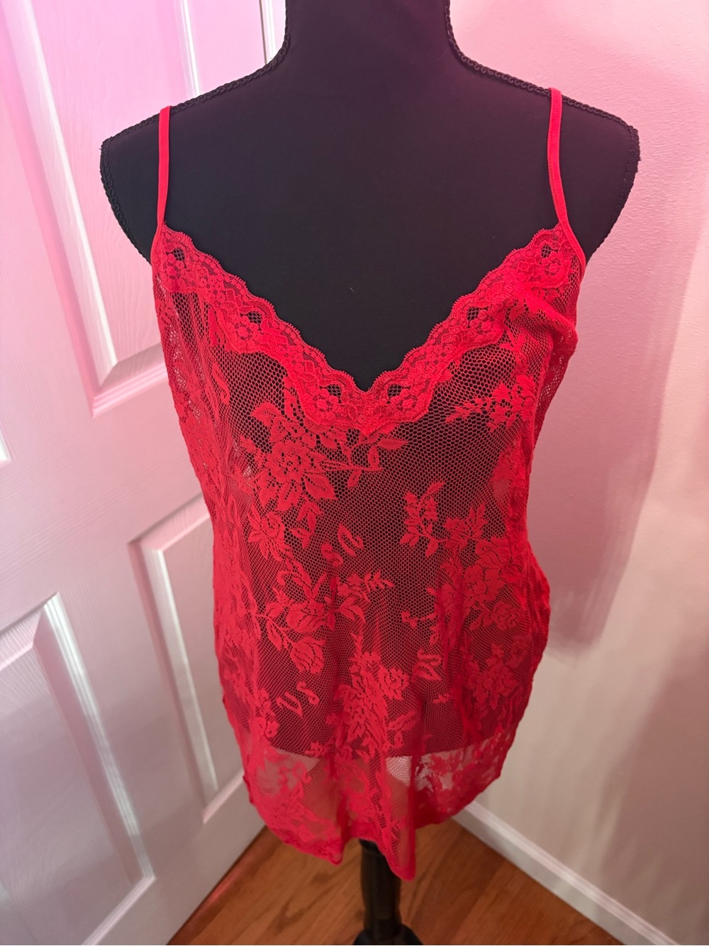 Vintage Victoria's Secret Red Lace Chemise with Floral Mesh
